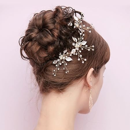 Amazon Kricesbeauty 3 個 セット キラキラ 可愛い クリスタル ラインストーン 葉 ヘアピン 花嫁髪飾り 結婚式 レディース 髪の櫛 披露宴 学園祭 ゴルドー Kricesbeauty ボディ用メイクアップ 通販