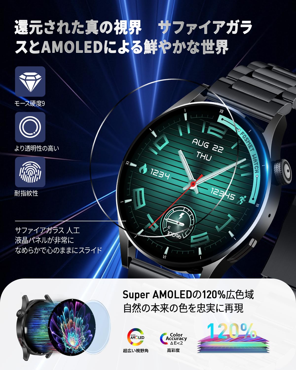 FOSMET QS40 Round Men's Smart Watch, Constant Display, 1.43 Inches, Super AMOLED Display, Sapphire Glass, 10 Days Battery Life, GPS Linkable Apps, Smart Watch, iPhone and Android Compatible, IP68