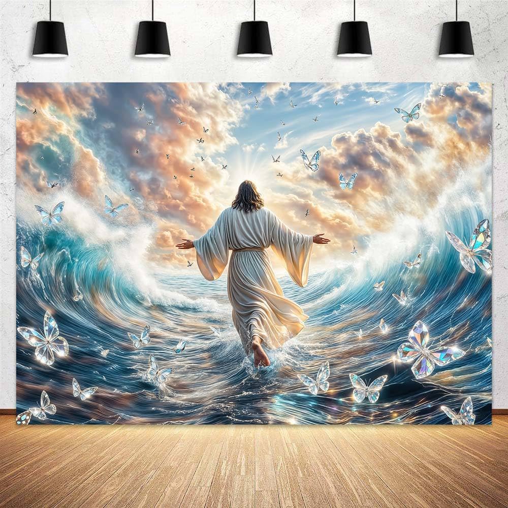 Photo 1 of 10x8 ft Easter Backdrop Jesus Walking On Water Wave Butterfly Sky Clouds Christian Worship Photography Background for Religious Photo Booth Church Party Decor