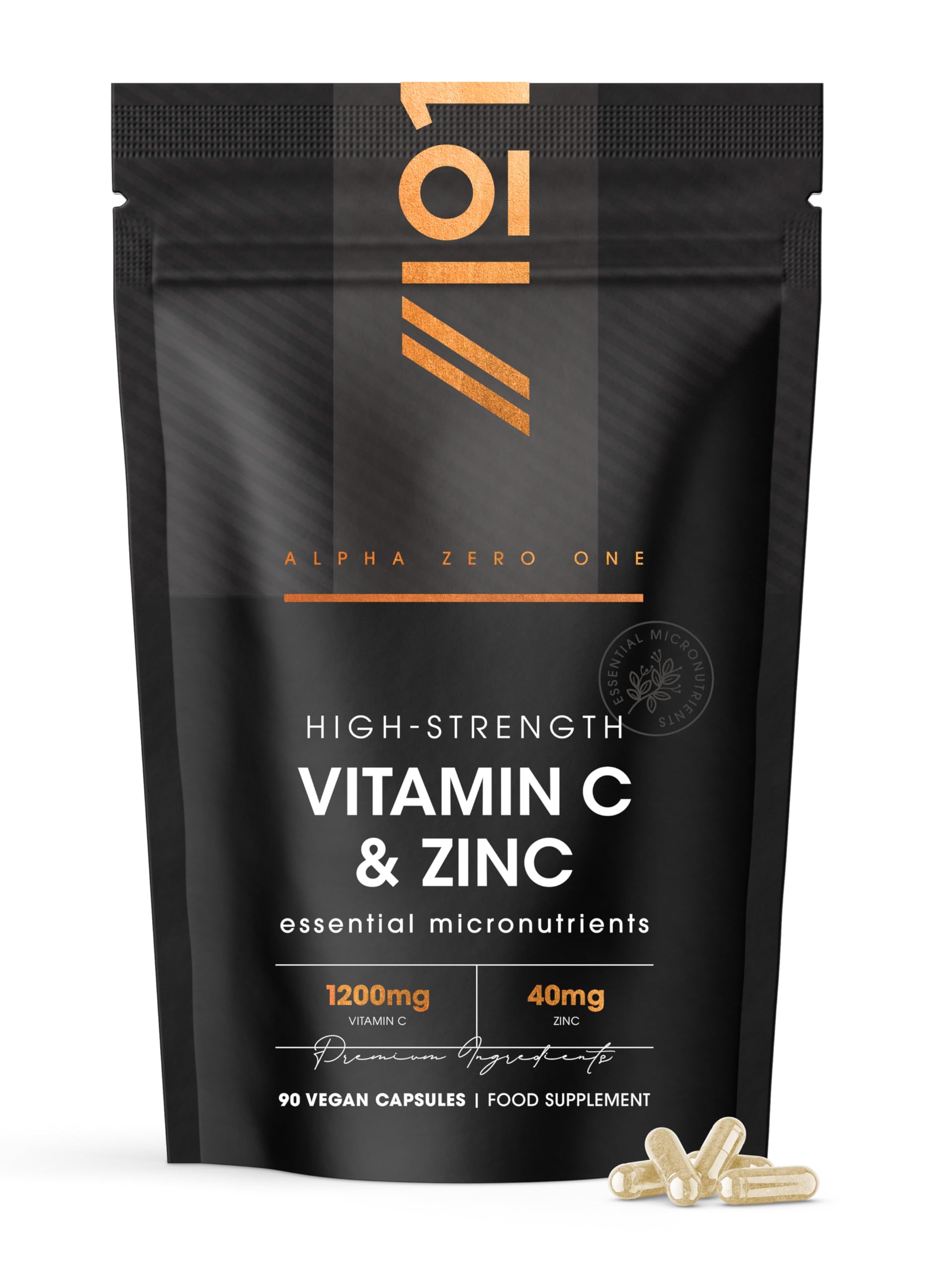 Vitamin C 1200mg Zinc 40mg - 90 Capsules - High Strength Immune Support – 2 Month Supply - Resealable and Recyclable Pouch – By Alpha01