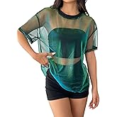 OYOANGLE Women's See Through Top Metallic Mesh Sheer Short Sleeve Rave T-Shirt