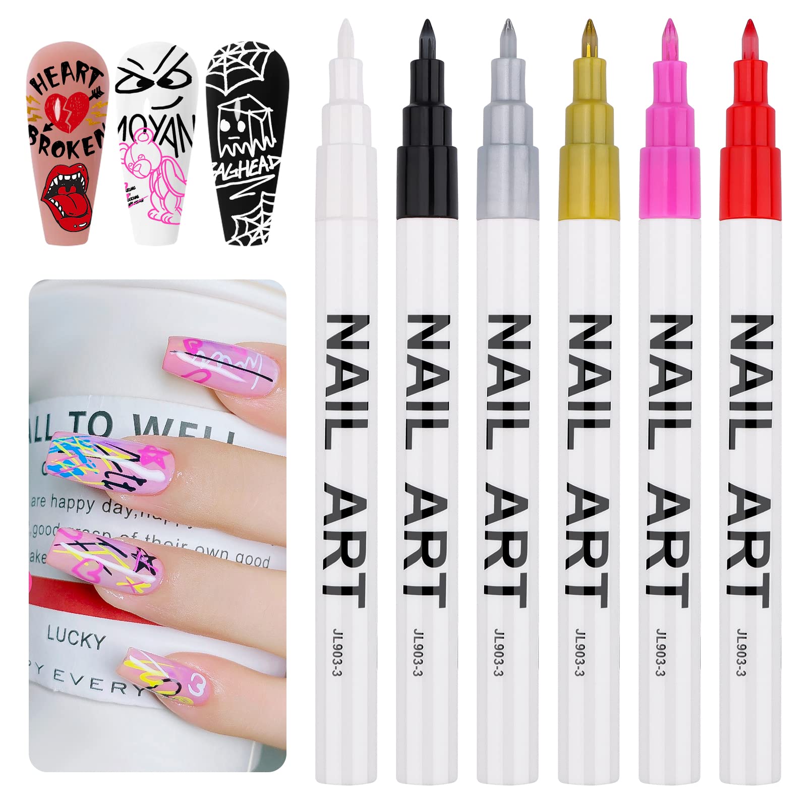 Kalolary 6pcs 3D Nail Art Pens Set Nail Graffiti Drawing Pen Nail Polish Pens Fine Tip Manicure Tools for Painting Nails DIY Nail Art Beauty Adorn for Women Girls (6 Color) — image 1