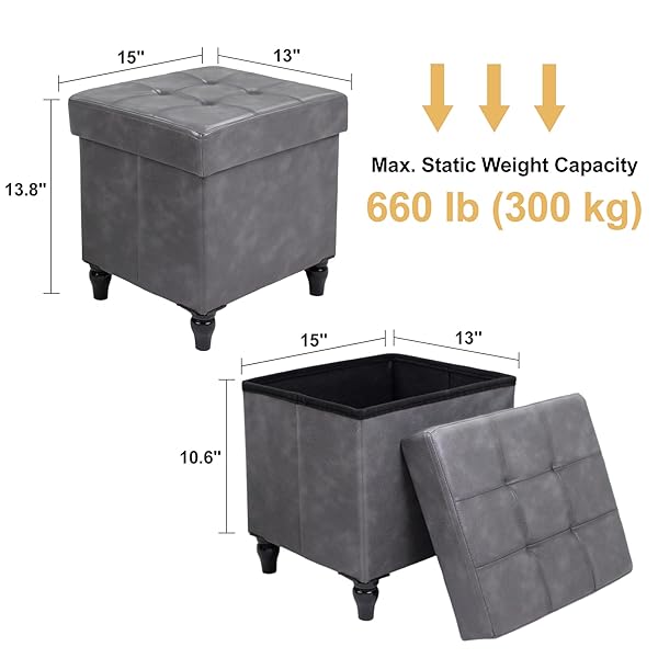 GLAXYFUR STORAGE OTTOMAN BENCH, 15 INCHES FOLDABLE OTTOMAN FOOT STOOL WITH LEGS, PU LEATHER FOOTREST FOR LIVING ROOM, BEDROOM, DORM (GREY)