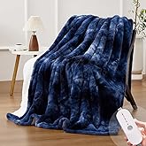 HYLEORY Faux Fur Heated Throw BlanketElectric - Soft Thick Flannel Heating Blanket with 5 Heat Levels & Auto-Off 3 Hrs, Heavy Fluffy Warm Bed Blankets for Winter, 50''x60'', Navy