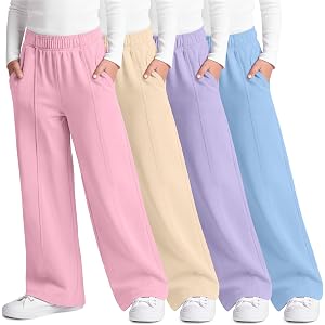 Hyggeweee 4 Pack Girls Wide Leg Sweatpants | Elastic Waist, Drawstring, Loose Fit, with Pockets, Teen, Youth, Casual, Athleti