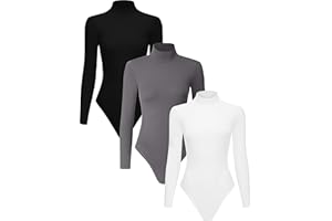 Chongbaijia 3 Piece Women's Mock Turtle Neck Long Sleeve Bodysuit T Shirts Body Suit Tops