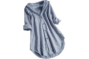 Womens Striped Cotton Linen Blouses Oversized Button Down Casual Long Sleeve Tunic Shirts Loose Fit Collared Work Tops