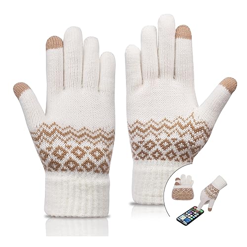 Nicola Winter Gloves for Ladies - Grey Knitted Touch Screen Thermal Gloves for Small Hands, Dog Walking, Everyday, Running, Driving (White)