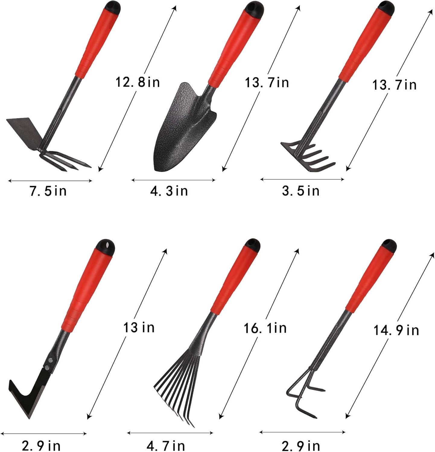 FLORA GUARD 6 Piece Garden Tool Sets - Including Trowel, 5-Teeth rake, 9-Teeth Leaf rake, Double Hoe 3 prongs, Cultivator, Weeder, Gardening Hand Tools with High Carbon Steel Heads : Garden & Outdoor