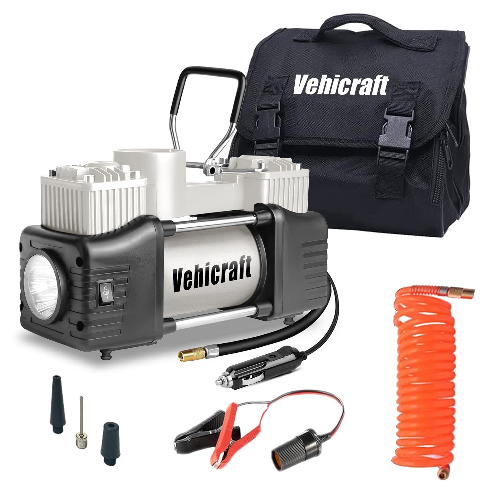 Photo 1 of Vehicraft Silver Tire Inflator Portable Air Compressor, Heavy Duty Double Cylinders Auto Pump, 12V Portable Air Compressor Pump with Emergency LED Light - 150PSI Tire Pump, Apply to Car, SUV, RV