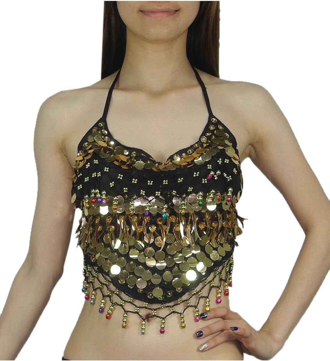 Belly Dance Womens Exotic Sequins Padded Crop Top with Bells & Beads