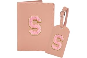 Ulico Initial Passport Cover and Luggage Tag Set,PU Leather Letter Passport Case Holder Travel Suitcase Tag, Personalized Travel Luggage Accessories Gifts for Women Kids Teenage Pink S