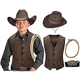 KAIPUTE Kids Western Cowboy Costume Boys Vest Hat Belt for Halloween Party Cosplay