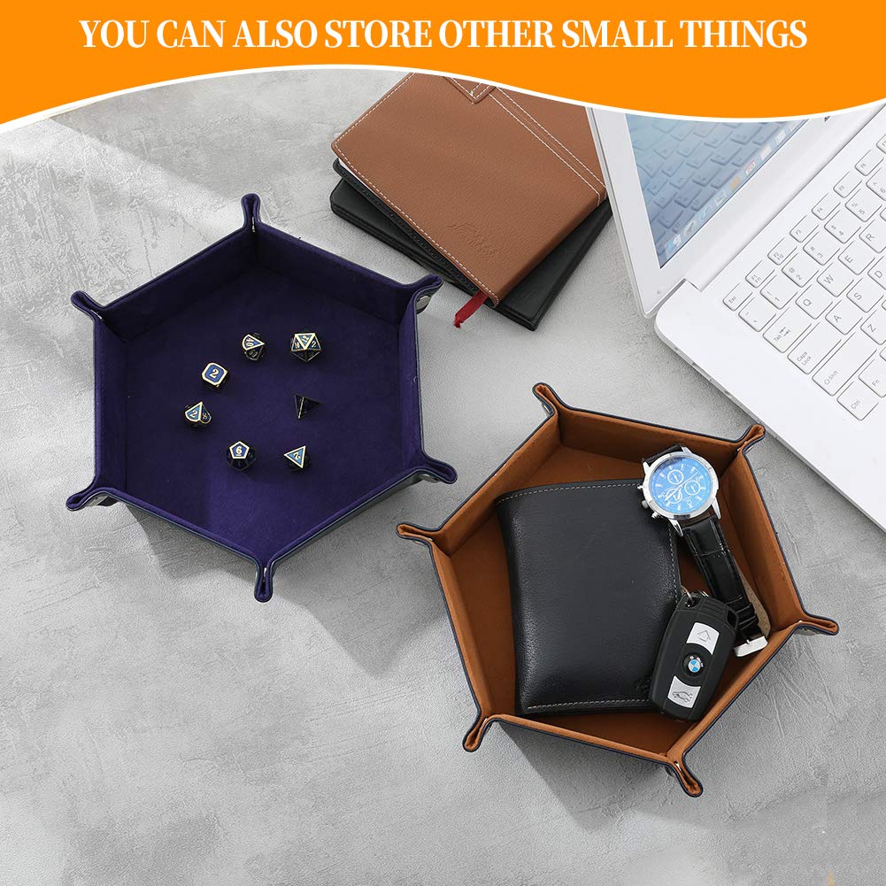 2 Pcs Portable Folding Dice Rolling Tray Set for RPG DND Table Games - PU Leather and Velvet Holder Storage Box - Navy Blue and Camel