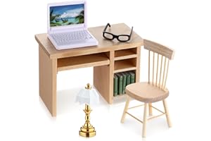 ROTATINGPALS 10 Pcs Miniature Dollhouse Furniture Accessories Include Mini Laptop Computer Miniature Book and Office Table Wooden Mini Dollhouse Furniture 1/12 Scale Miniatures Model Set for Dollhouse Study Room