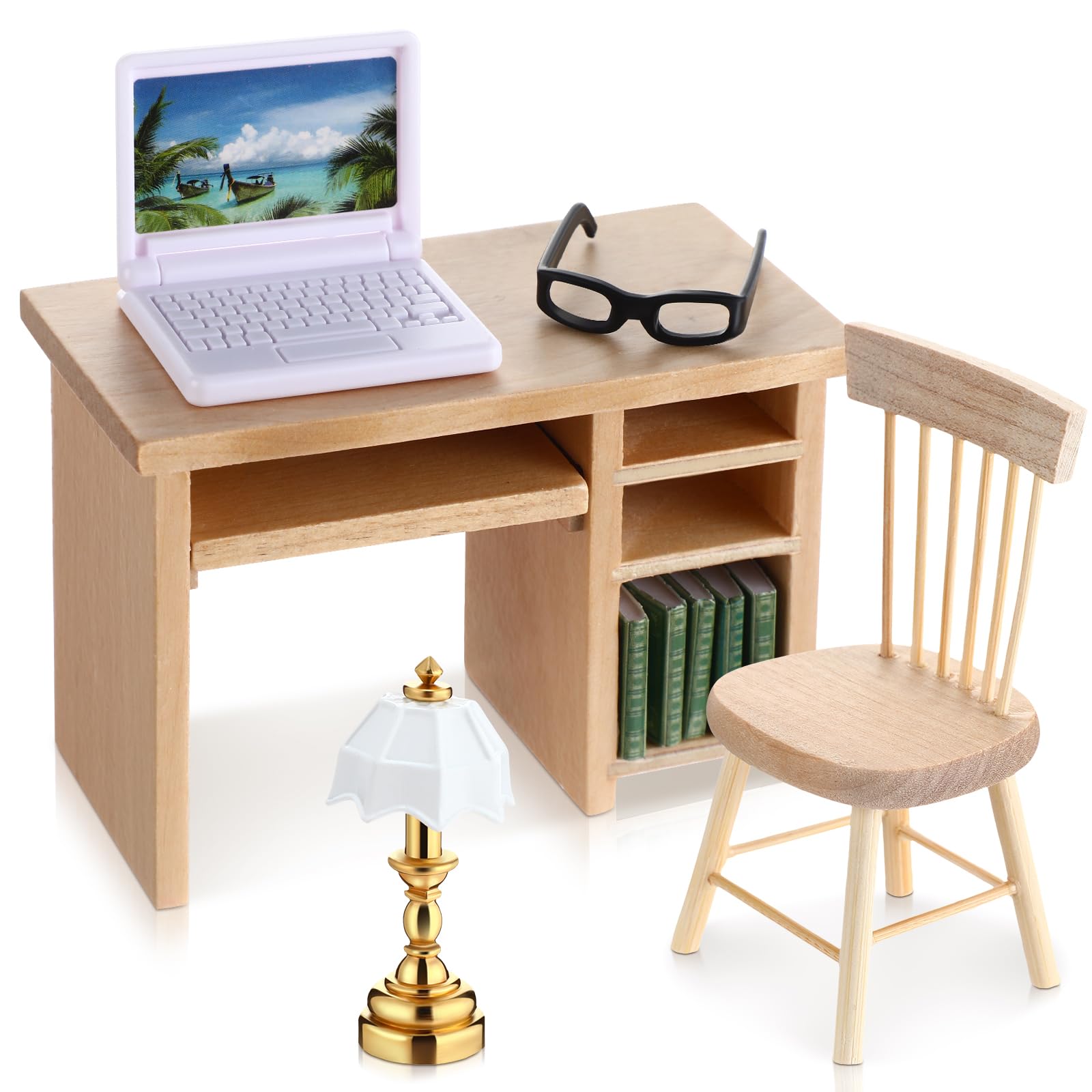 Photo 1 of 10 Pcs Miniature Dollhouse Furniture Accessories Include Mini Laptop Computer Miniature Book and Office Table Wooden Mini Dollhouse Furniture 1/12 Scale Miniatures Model Set for Dollhouse Study Room
