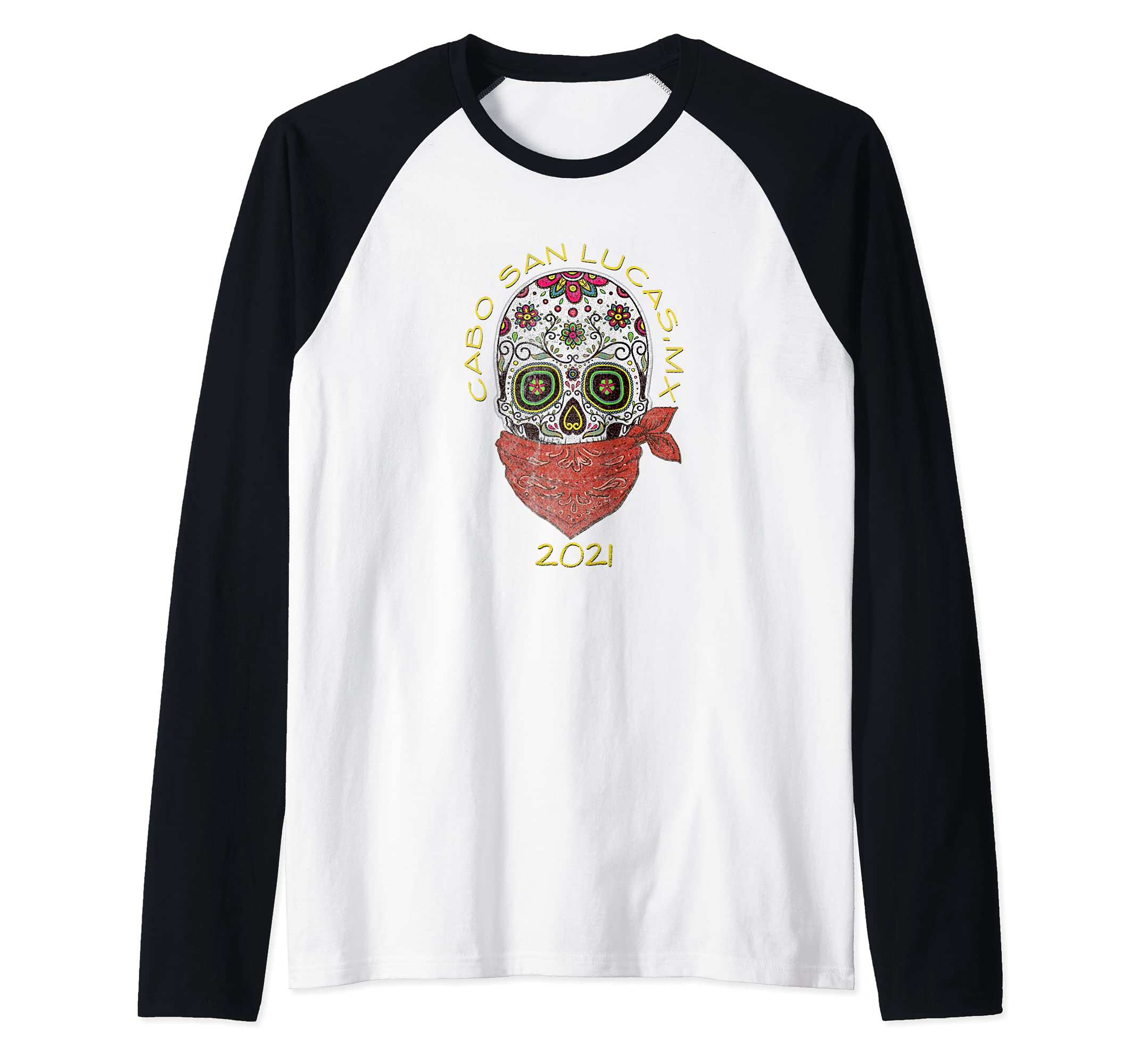 2021 - Cabo San Lucas, Mexico MX Skull Souvenir Bandanna Raglan Baseball Tee