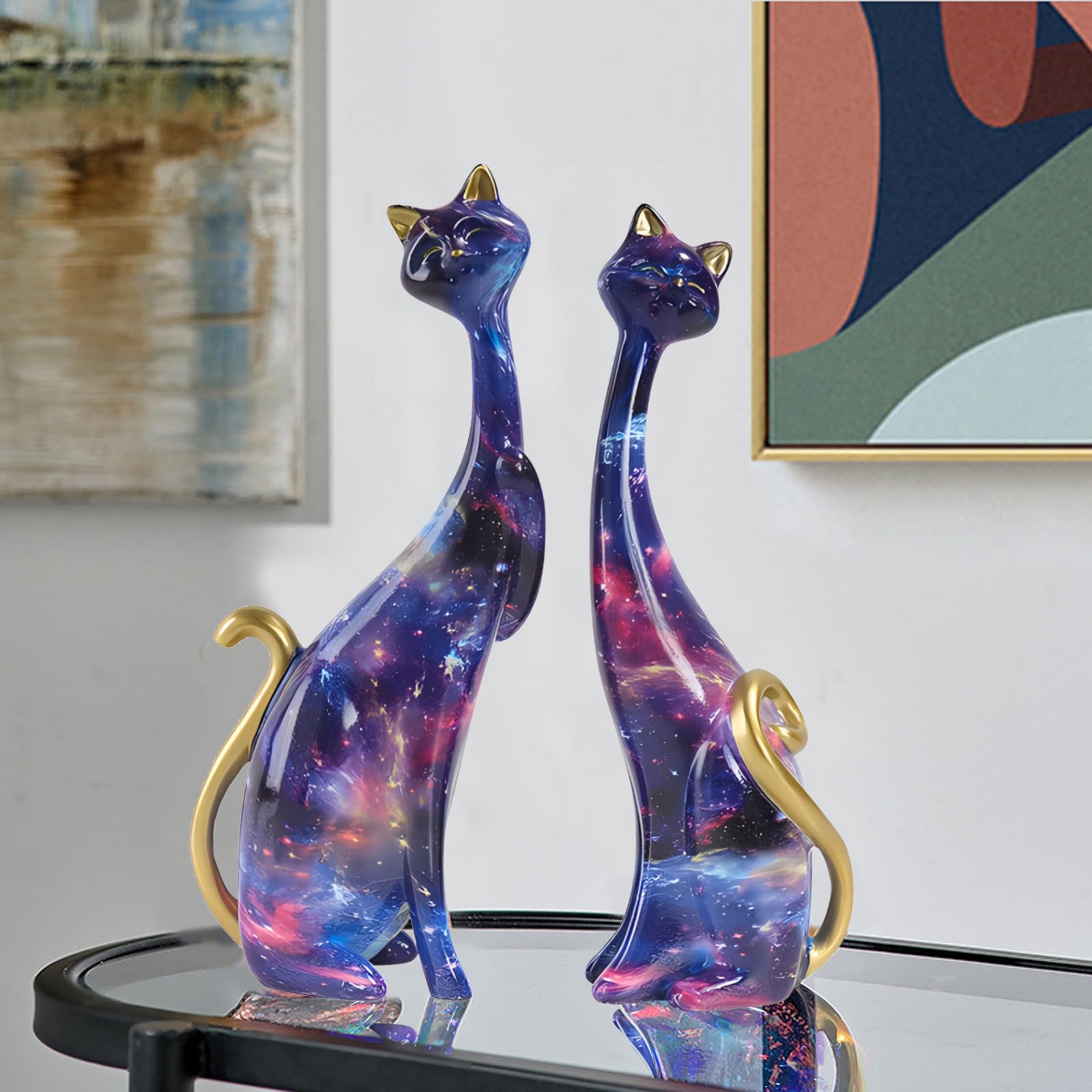 LIKEUDO Set of 2 Resin Cat Statues Sculptures Cat Figurine (Starry sky)
