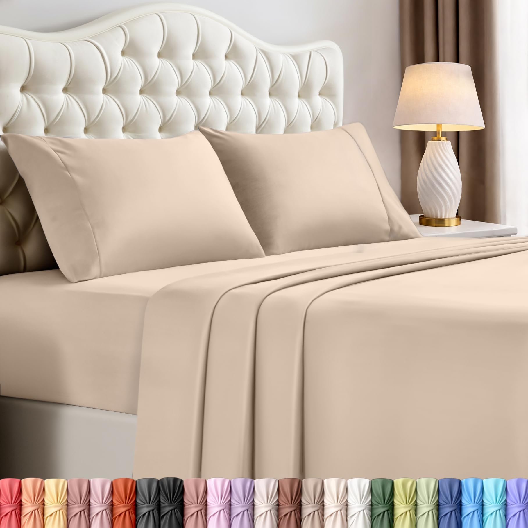 Queen Sheets Set, 4 Pieces 16" Deep Pocket Hotel Luxury Bed Sheets, Beige