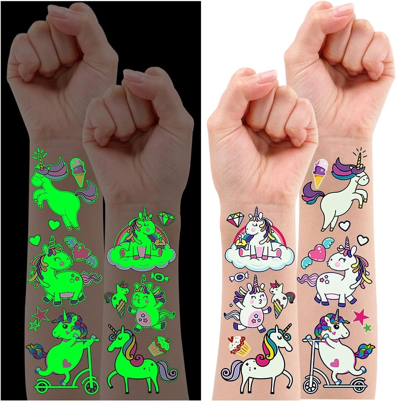 Leesgel 10 Sheets Luminous Unicorns Temporary Tattoos for Kids, Unicorns Fake Tattoos Stickers for Unicorns Birthday Party Decorations Supplies, Unicorns Games Favors Toys Bags Fillers