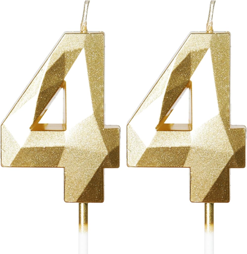 Yiran Gold 44th Birthday Candles, 2 Pcs Gold Number 44 Cake Topper