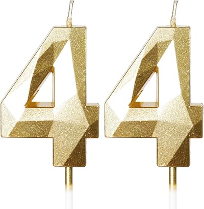 Yiran Gold 44th Birthday Candles, 2 Pcs Gold Number 44 Cake Topper