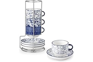 vancasso 8OZ Stackable Espresso Cups with Saucers, Porcelain Cappuccino Cups Set of 4, Coffee Cups Set with Metal Stand for S