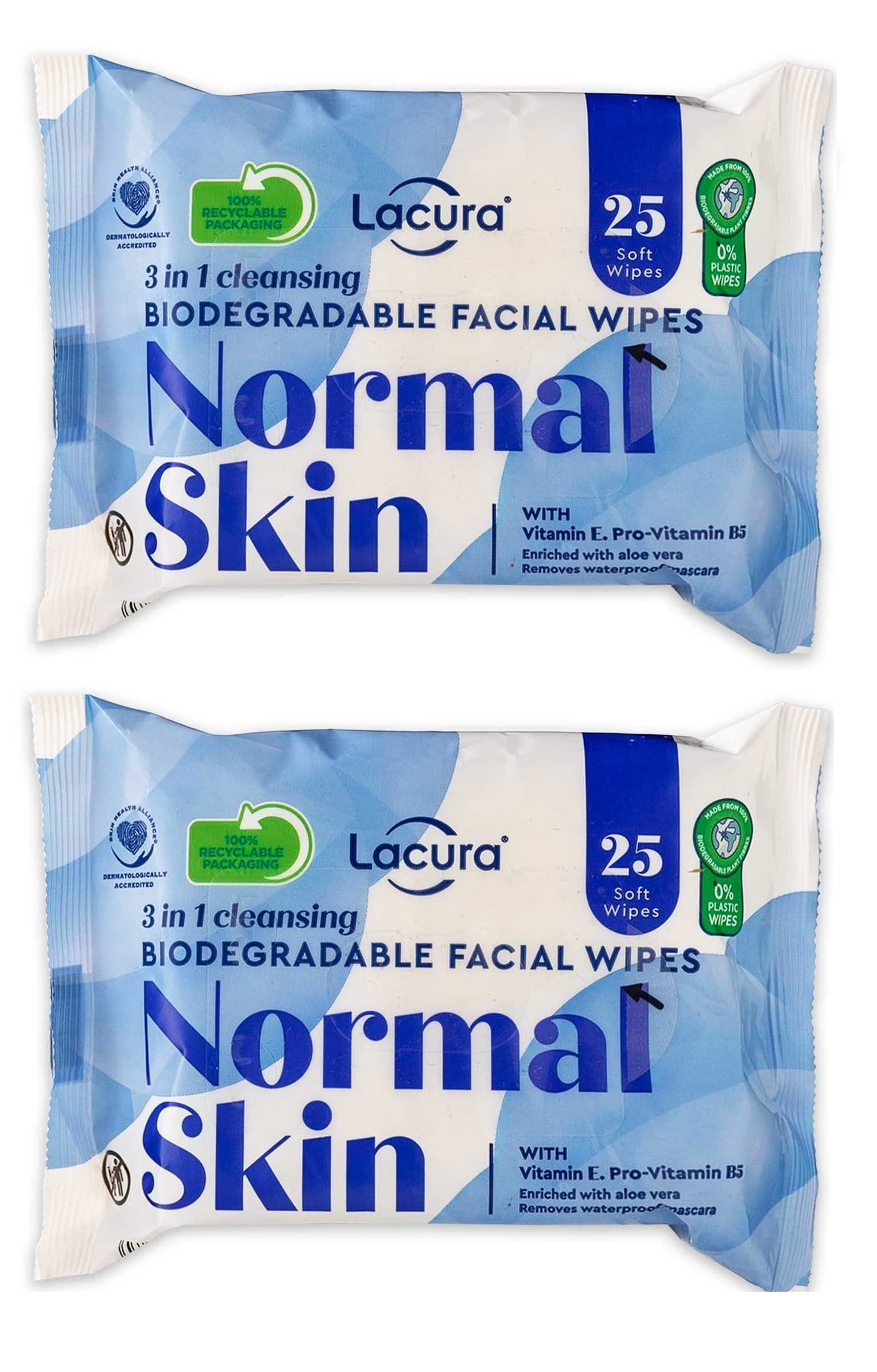 Lacura 3 In 1 Biodegradable Cleansing Facial Wipes For Normal Skin, Makeup Removal Wipes with Vitamin E, Pro-Vitamin B5, Aloe Vera, 2 Packs (50 wipes in total)