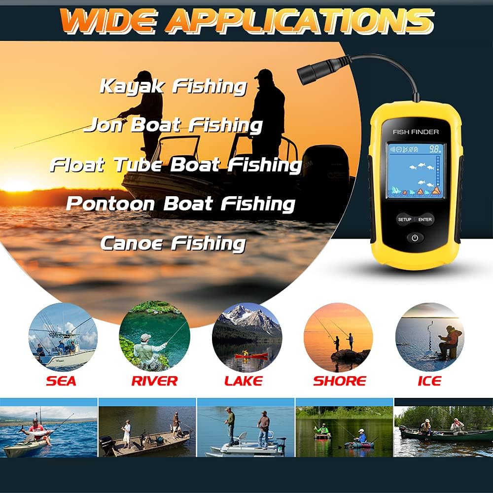 Atibin Handheld Kayak Fish Depth Finder Portable Transducer Fish Finder Sonar Boat Dock Fish Finders Display Water Fishing Yellow: GPS & Navigation