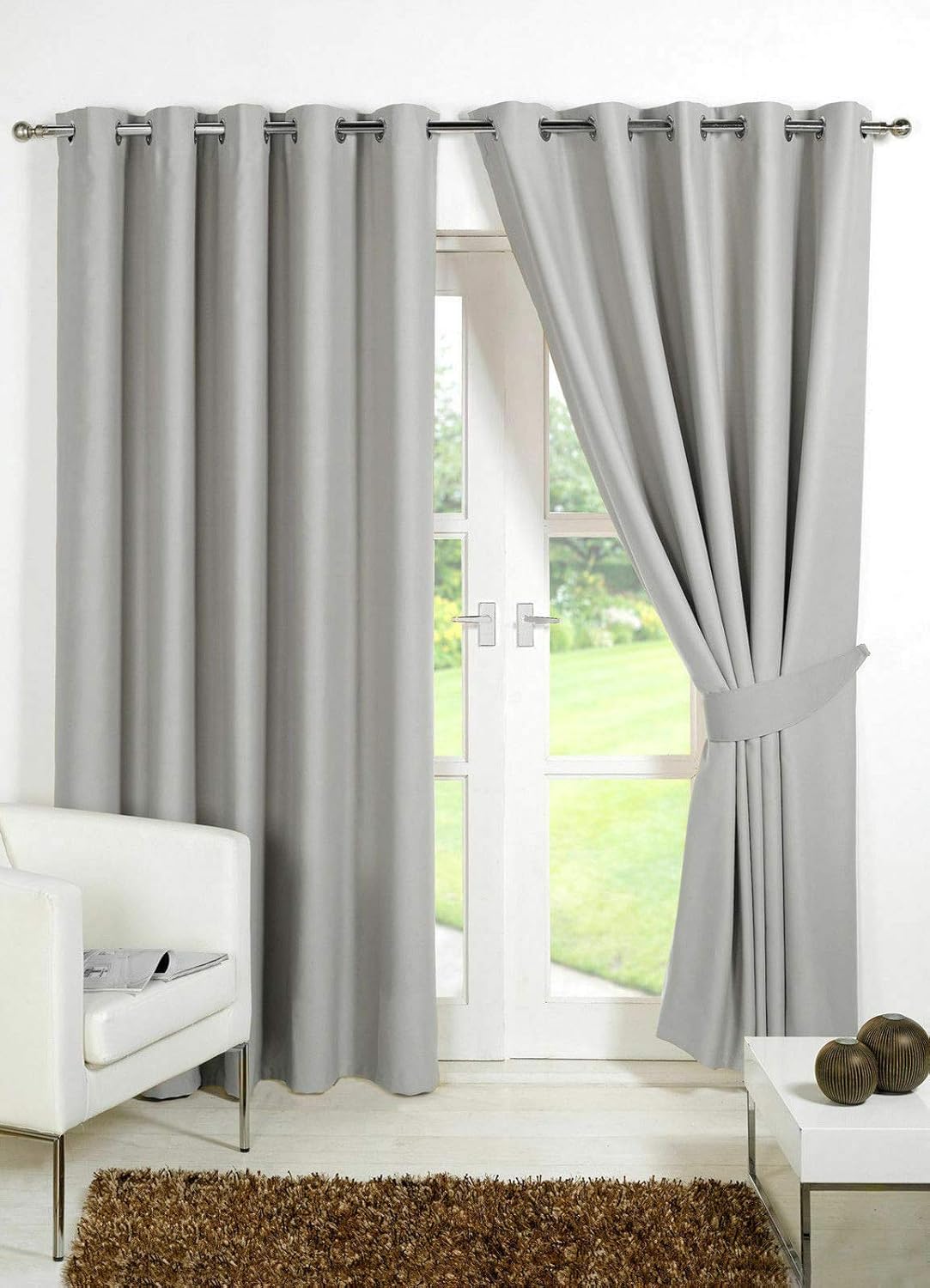Silver Grey Faux Silk Lined Curtains With Eyelet Ring Top 66