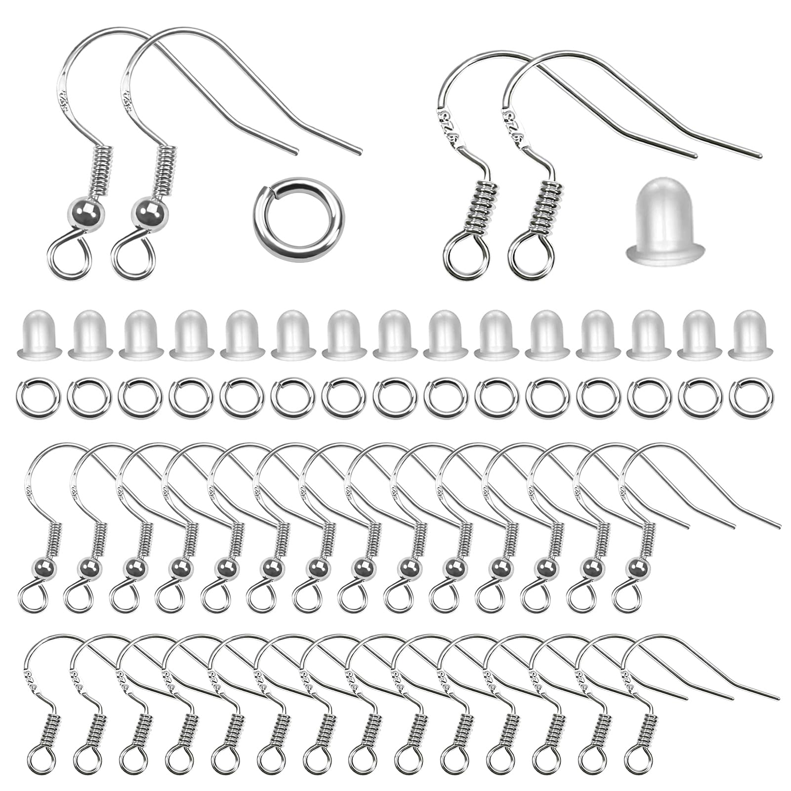 TOAOB Pack of 100pcs 18mm Earrings Wire Hooks with Spring Earring Wire Hooks and 4mm Open Junction Rings in Sterling Silver 925 for Jewelry Making Kits with Box
