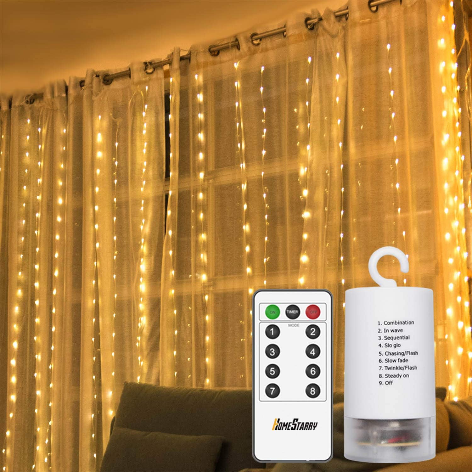 Homestarry 300 LEDs Window Battery Operated Curtain Fairy, String Remote, Twinkle Lights, for for Party, Wedding, Patio,Wall Décor Christmas,Indoor and Outdoor
