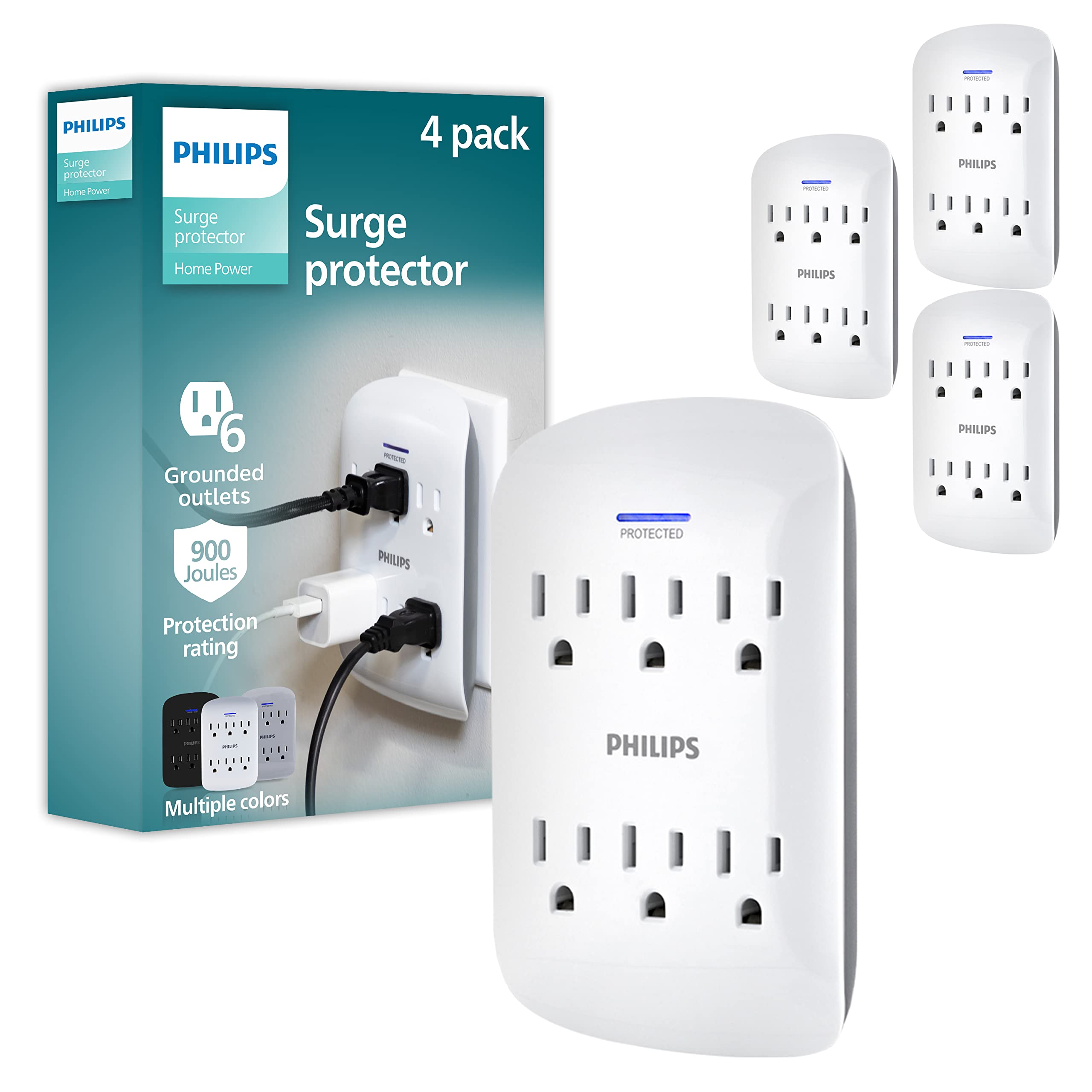 Philips 6-Outlet Extender Surge Protector, 900 Joules, 3 Prong, Space-Saving Design, Protected Indicator LED Light, 4 Pack, White, SPP3469WA/37