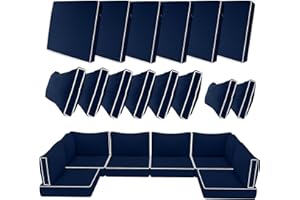 ODSIIKLY 14 Piece Outdoor Patio Cushion Covers Replacement, Waterproof Outdoor Furniture Cushion Covers, Fit 7 Pcs 6 Seater Wicker Rattan Conversation Sofa Set, Navy Blue+White Piping(Only Cover) 25.6x25.6"