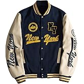 GORGLITTER Men's Letter Graphic Varsity Jacket Long Sleeve Striped Trim Button Bomber Jackets