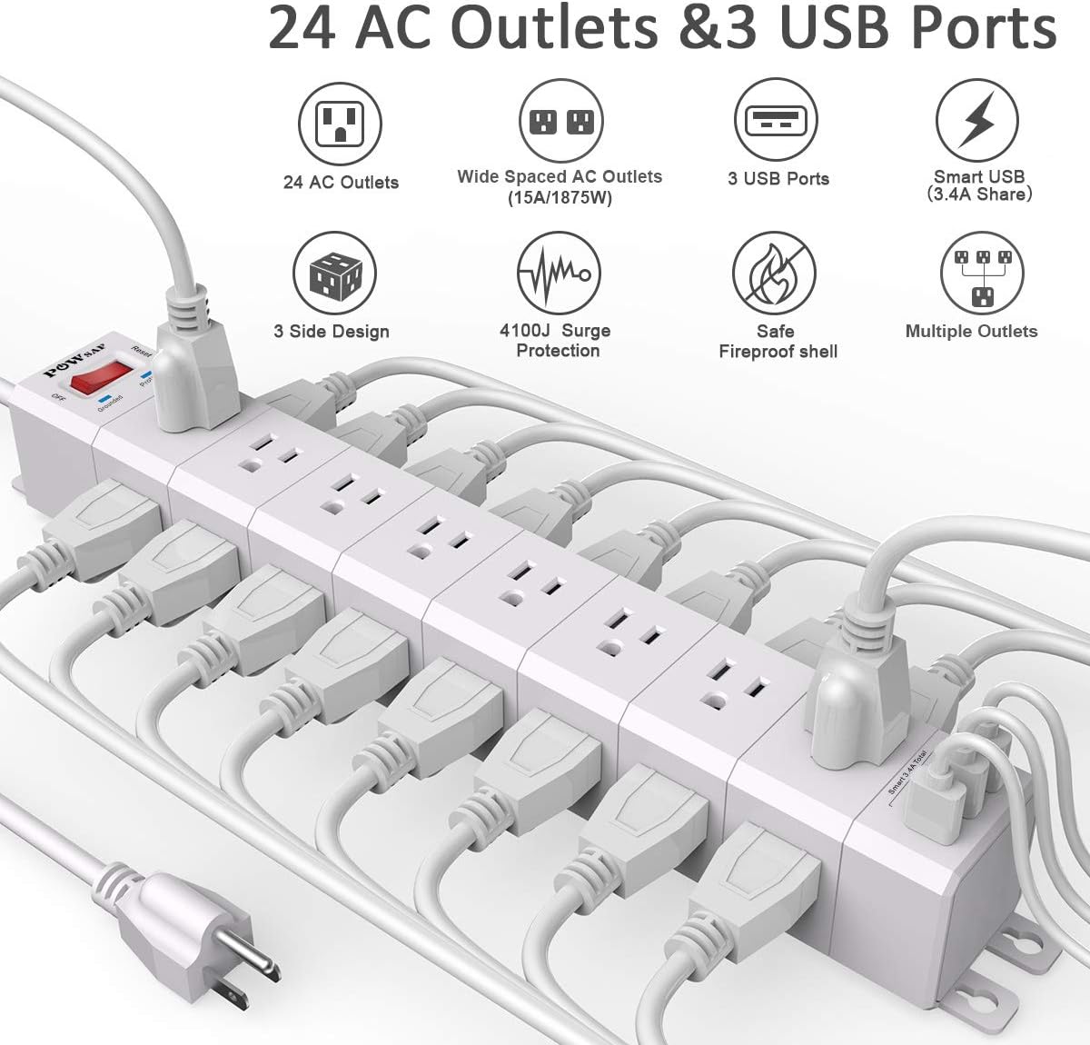 Power Strip (3-Sided) with 24 Outlets, POWSAF Surge Protector (4100 Joules) and 3 USB Ports(5V/3.4A, 17W), 8 Feet Heavy Duty Extension Cord (1875W/15A), ETL Listed, White: Home Audio & Theater