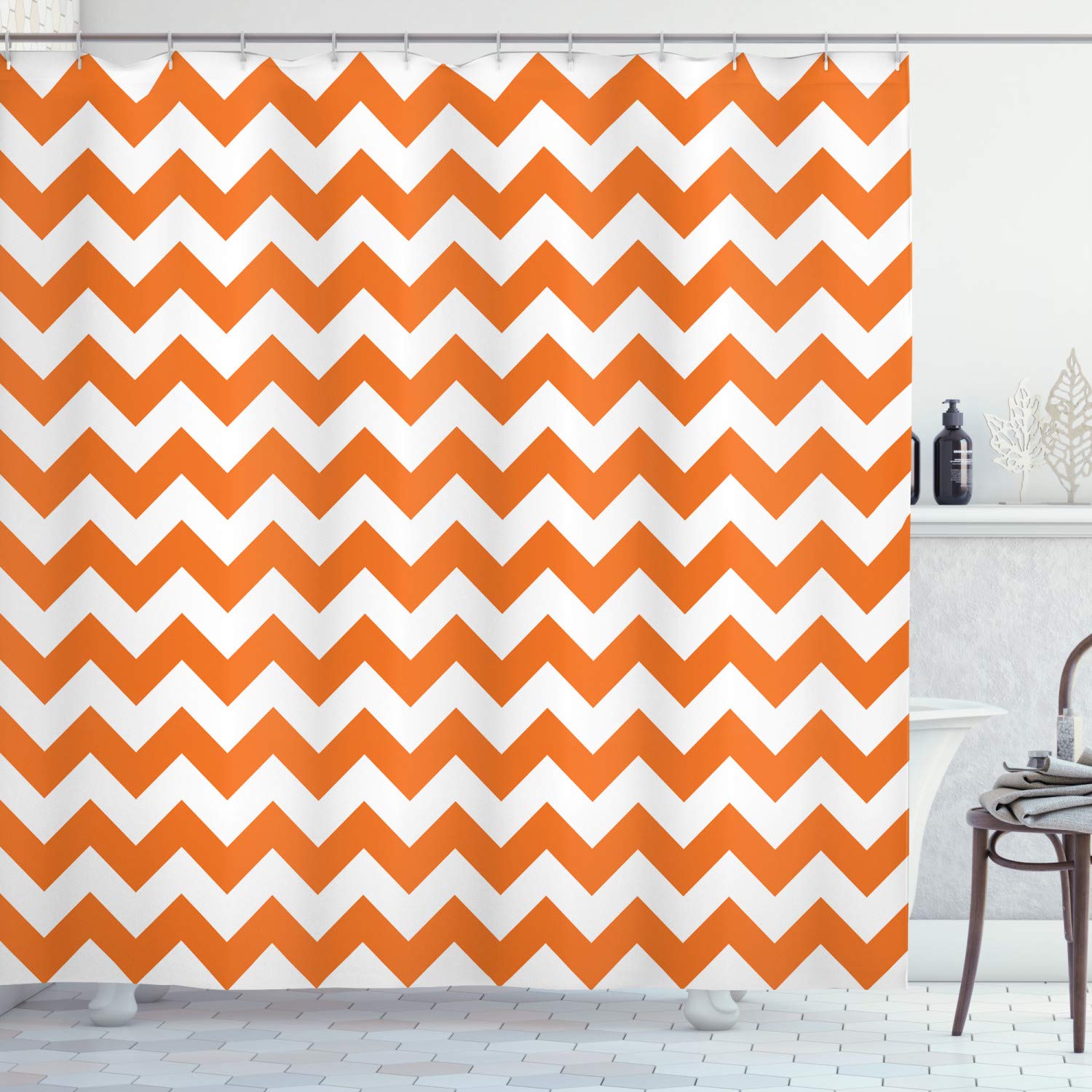 ABAKUHAUS Chevron Shower Curtain, Halloween Pumpkin Color Chevron Traditional Holidays Autumn Season Celebrate, Cloth Fabric Bathroom Decor Set with Hooks, 70 Inches, Orange White — image 1