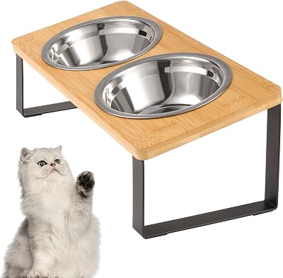Radsocken Elevated Cat Food Bowls 15° Tilted Stainless Steel with Wooden Stand