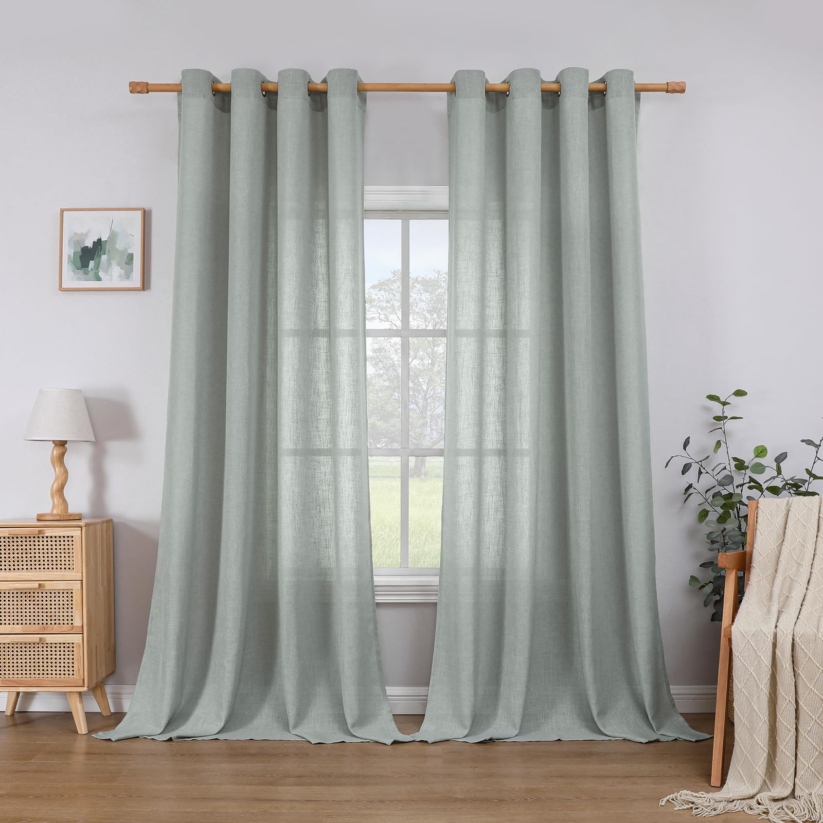 CUCRAF Linen Curtains Eyelet Sheer Net Voile 2 Panels 55" Width x 84" Drop Sage Green