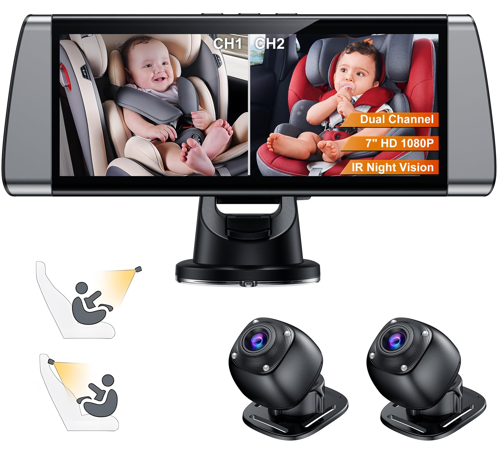 Photo 1 of Baby Car Camera for 2 Kids - 7" Split Screen with Dual Carseat Camera - USB Plug and Play Easy Install - Safety Rear Facing Infant Back Seat Monitor with HD 1080P, Night Vision - Grey