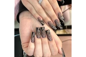 IMSOHOT Square Press on Nails Long Fake Nails Black French Tips Glossy False Nails with Wave Designs Full Cover Acrylic Nails for Women 24Pcs