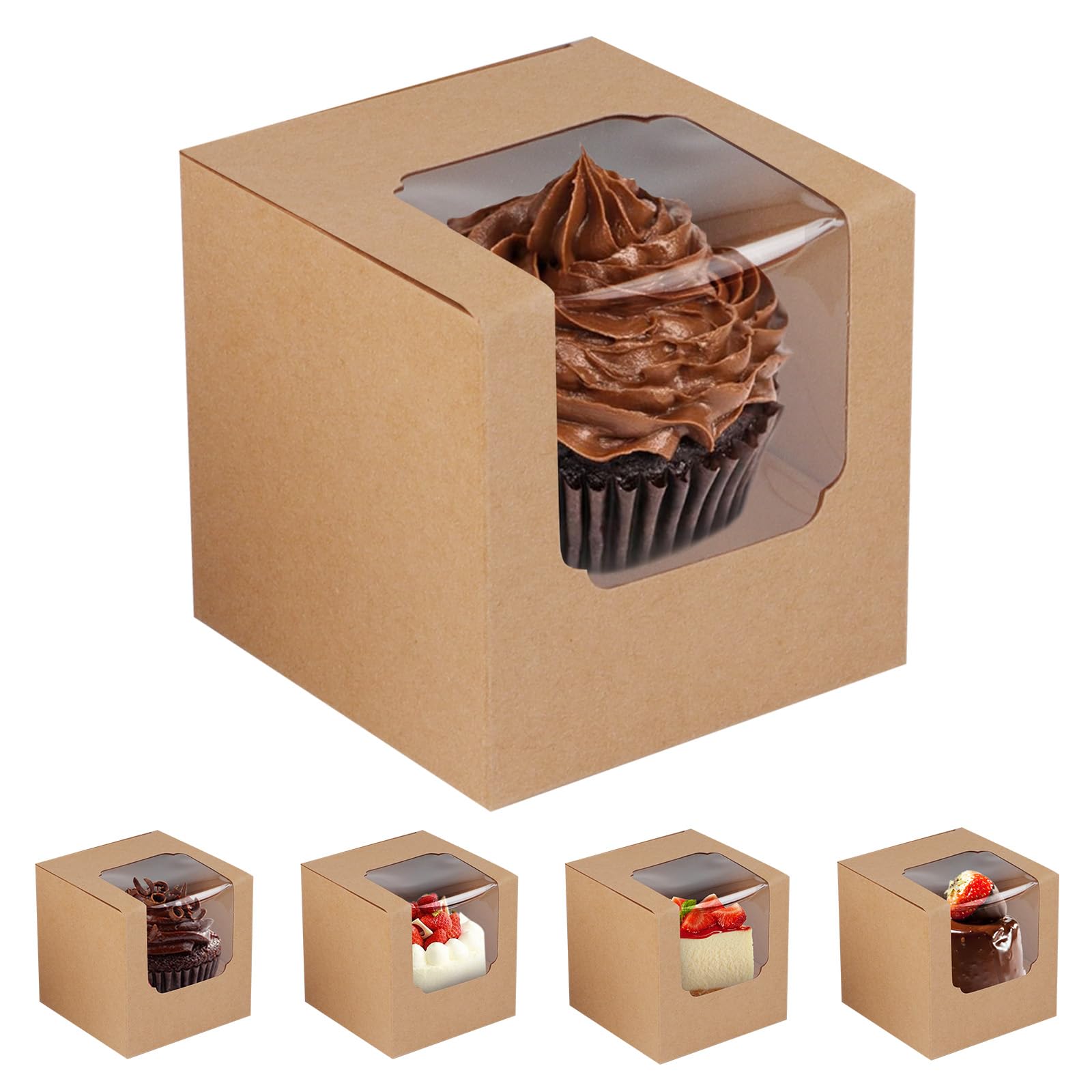 16Pcs Brown Cupcake Boxes, 9x9x9cm Individual Cake Boxes for Cake Portions Bakery Pastry Boxes with Window and Inserts Pre-Assembled Containers for Desserts Pastries Cookies Cakes Candy Gifts (Brown)