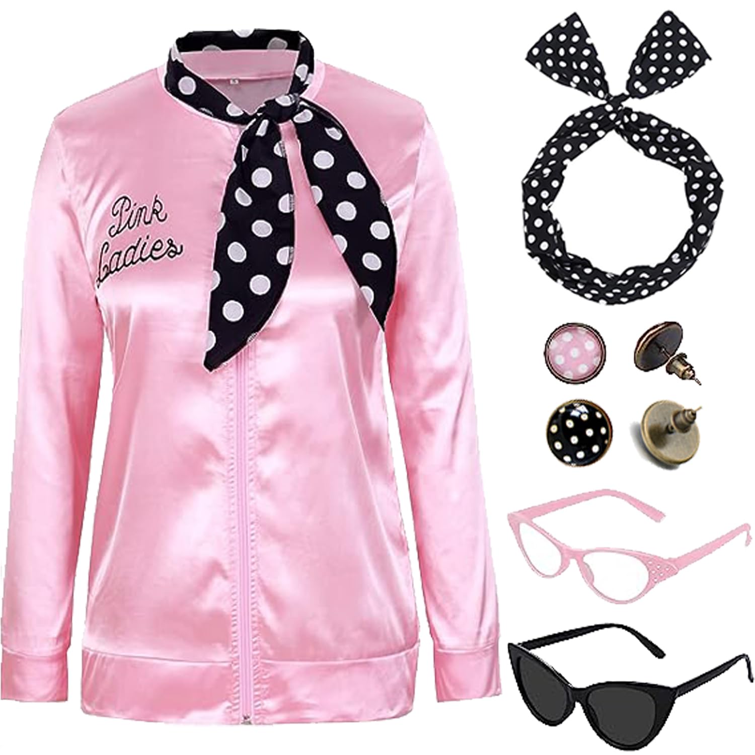 Photo 1 of Tylity 1950s Pink Satin Jacket with Cat Eye Glasses Neck Scarf Headband Earrings Halloween Costume Set Adult Women Girl (Pink Satin Jacket, X-Large)