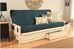 HomeStock Timeless Tradition Full Size Futon Frame Set in Antique White Finish with Mattress, Easily Converts to Bed, 33" H x 79" L x 37" D Suede Navy/with Storage Drawers