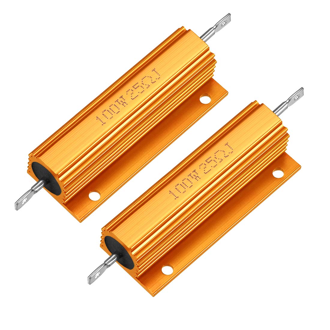 sourcingmap 2Pcs Aluminum Case Resistor 100W 25 Ohm Wirewound Yellow for LED Replacement Converter 100W 25RJ