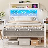 Weehom Twin Bed Frames with Headboard, Metal Bed Frame with 2-Tier Shelves Storage, Modern Twin Platform Bed with Charging Station & LED Lights - No Box Spring Needed, White