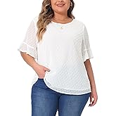 Agnes Orinda Plus Size Top for Women Round Neck Ruffle Sleeve Swiss Dots Tee Shirt Tops 2024 Summer Blouse