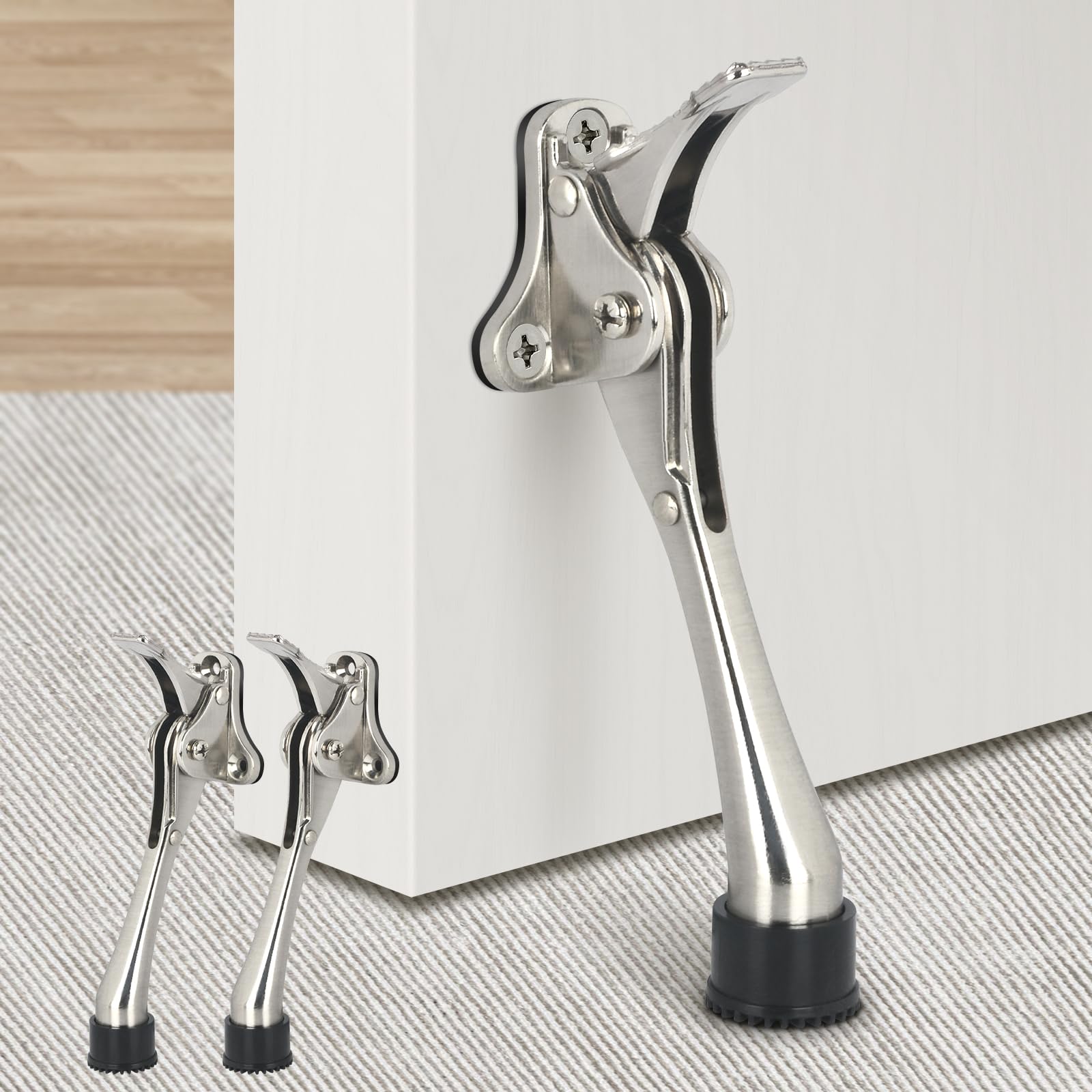 Door Stops, Kick Down Door Stoppers, Brushed Nickel Door Kick Stop - 6 Inch Heavy Duty Door Stopper, Non-Slip Rubber, 2 Pack — image 1