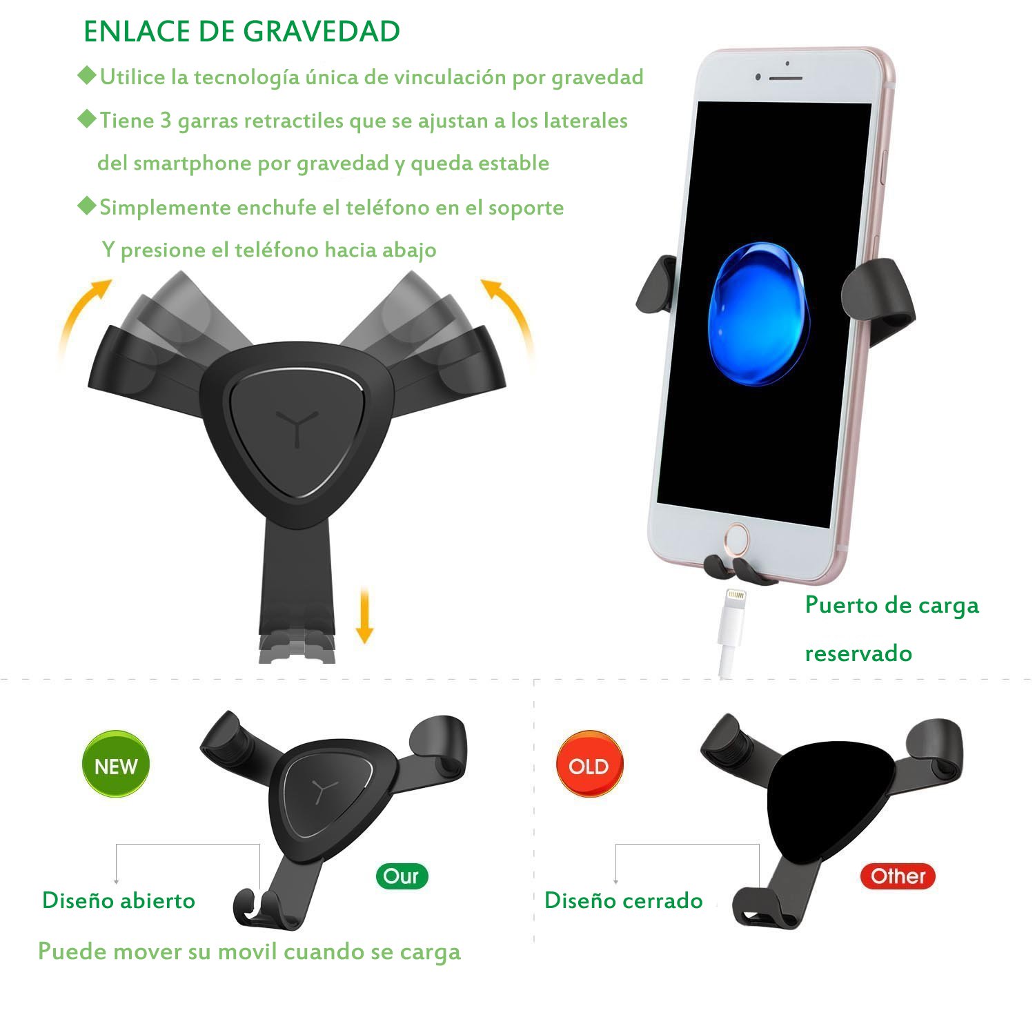 VOOKI Soporte Movil Coche Montaje en Rejillas de Ventilación, Soporte Universal Teléfono Automático Ajustable por Gravedad para iPhone X/8 plus/8/7 plus/7/6plus/6s/s, Samsung Galaxy S6/S5/S4/Note 4/3, Google Nexus, LG G3