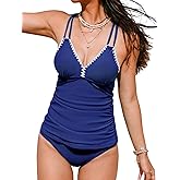CUPSHE Women's Tankini Set Two Piece Bathing Suit Tummy Control Crisscross Back Tie Mid Rise Shell Stitched